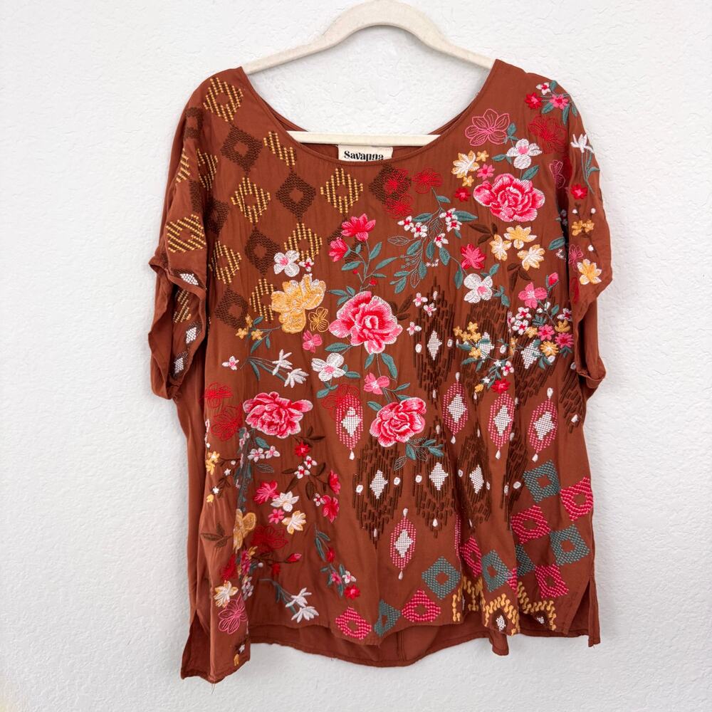 Savanna Jane Women Short Sleeve Blouse Top Size 1X Embroidered Floral Boho Brown